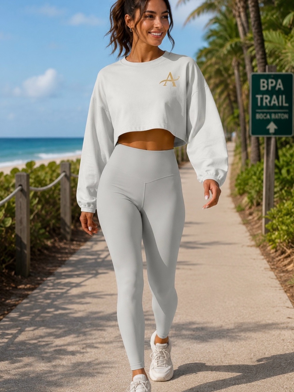 Cropped Long-Sleeve Sweatshirt & High-Waist Leggings Set - White